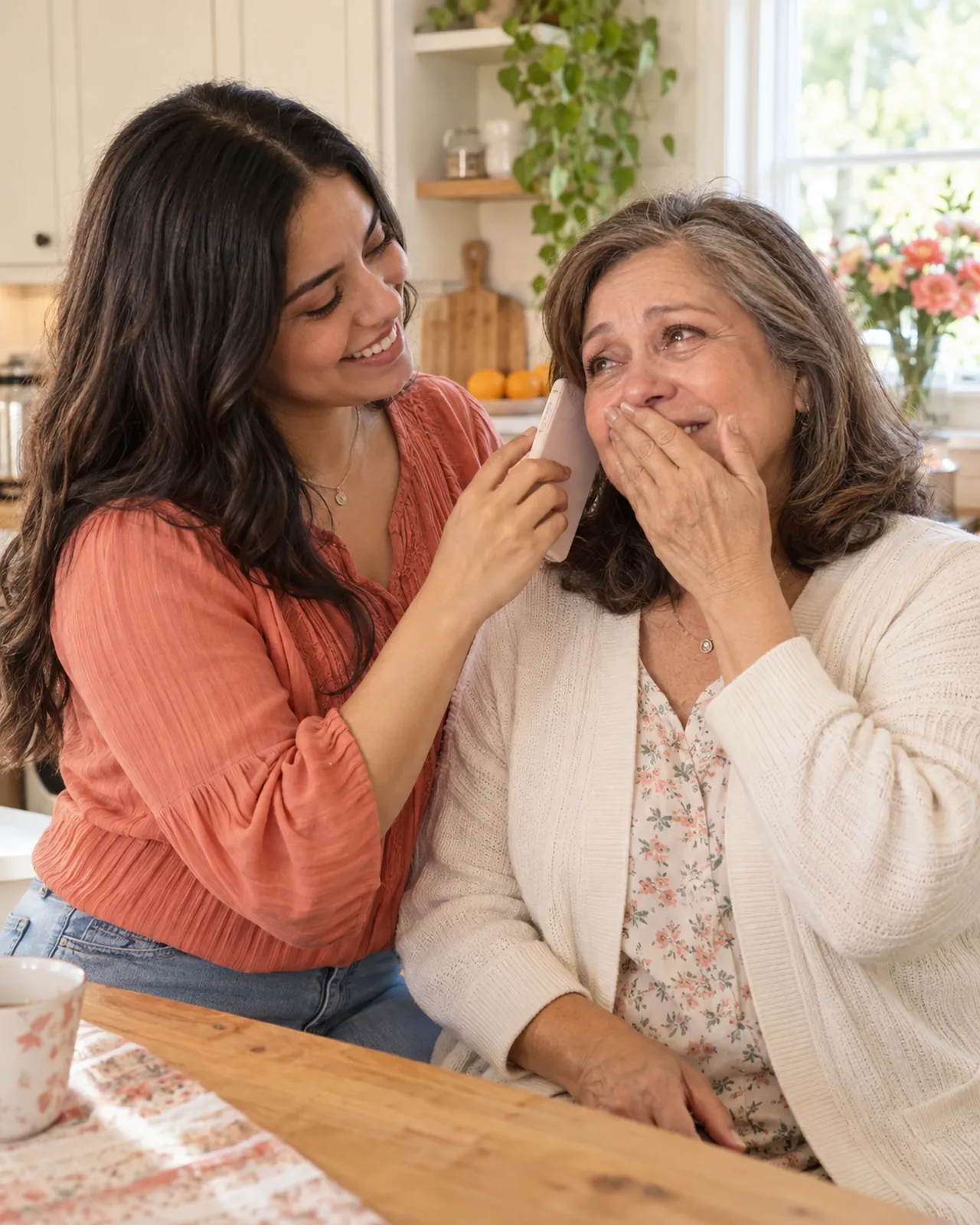 Una hija comparte una canción con su mamá en la cocina